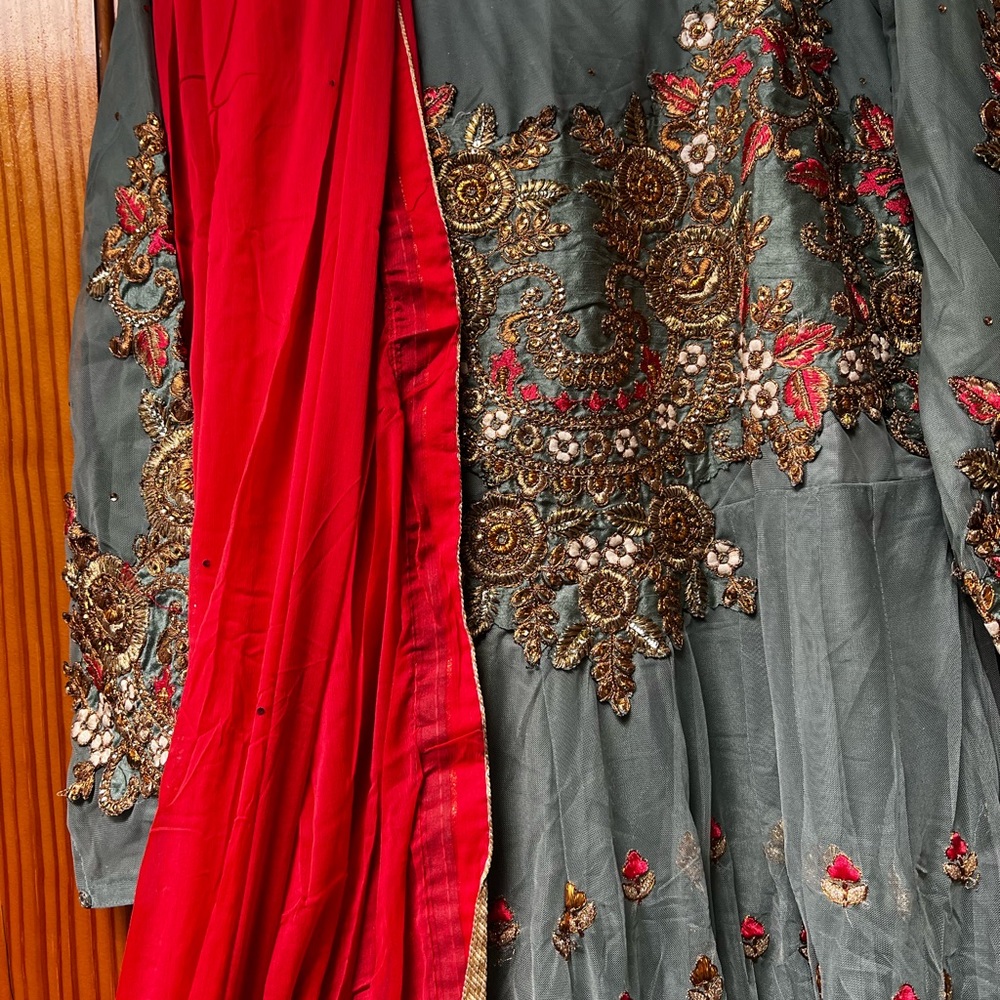 Dusty blue-gray 3 piece anarkali